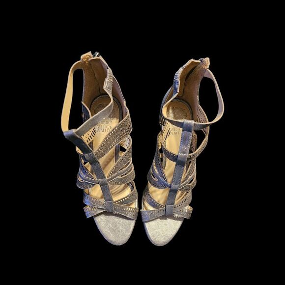 Vince Camuto Silver Suede Strappy Block Heels - Picture 2 of 8